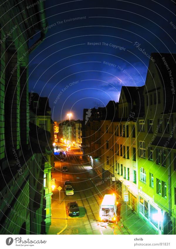 colour thunderstorms Night Light Lightning House (Residential Structure) Transport Tram Pavement Traffic infrastructure Street Thunder and lightning Colour