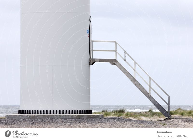 mezzanine Vacation & Travel Wind energy plant Water Sky Beautiful weather Coast Denmark Stairs Door Concrete Metal Sign Esthetic Cold Blue Silver White