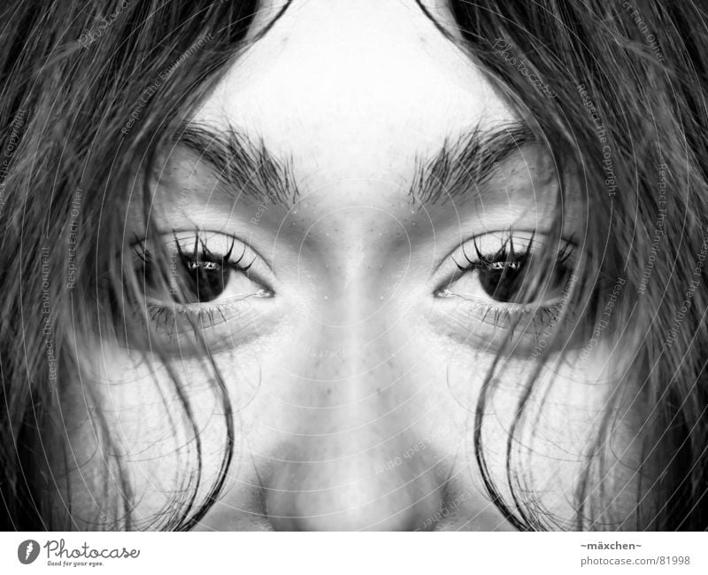 symmetry Symmetry Waves Eyebrow Reflection Mirror Dreamily Concentrate Think Motionless Face Black & white photo Woman Looking Nose Hair and hairstyles Eyes