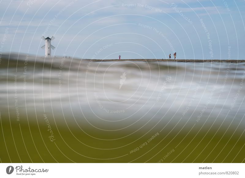 pop up Human being 3 Landscape Water Sky Clouds Horizon Sunlight Weather Beautiful weather Waves Coast Baltic Sea Blue Green White Mole Lighthouse