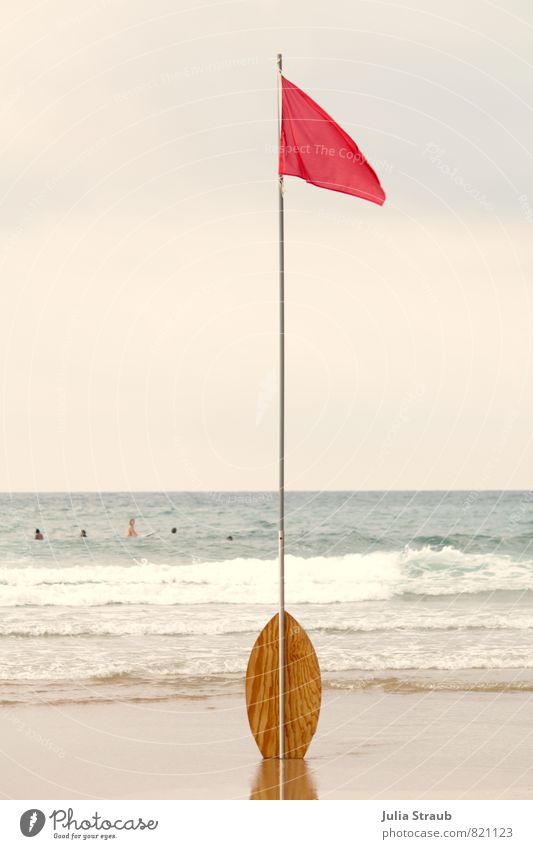 Red Flag Aquatics skiboard Sand Water Sky Summer Waves Coast Beach Ocean Stand Flagpole Surfing Swimming & Bathing Bans Colour photo Exterior shot Day