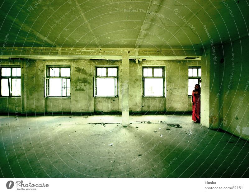 Red Dress Woman Ruin Old Building House (Residential Structure) Window Broken Wall (building) Putrefy Transience Beautiful Room Column wrecked Warehouse