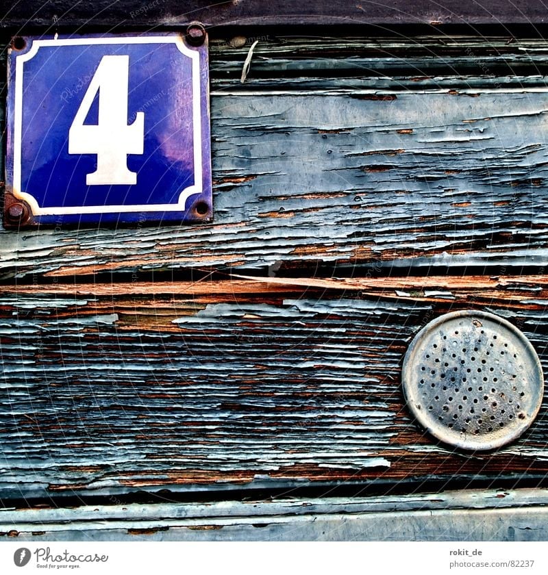 Four Enamel Digits and numbers 4 Wood Screw Decline Ventilation Opening Green Gray Brown Across Old Diagonal Rustic Gate Stripe Paintwork Structures and shapes