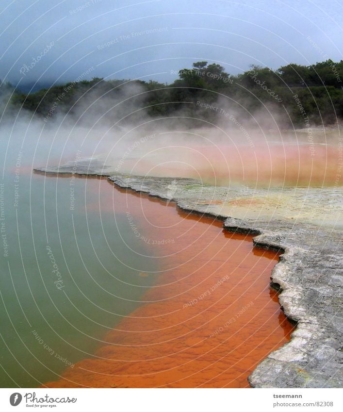 Devil's Bathtub Hot springs Waiotapu Sulphur New Zealand Red Sky Clouds Warmth Physics Source Stone Minerals Water Blue Steam Colour Sediment Deserted