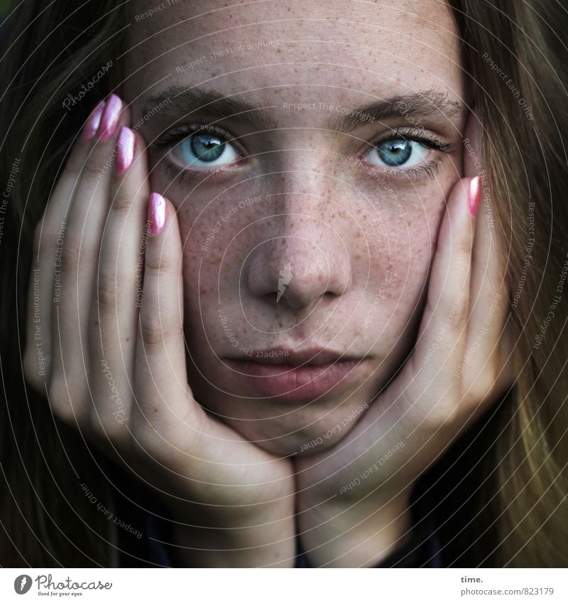 Young woman rests her head in her hands Feminine Face Eyes Hand Fingers 1 Human being Nail polish Blonde Long-haired Observe Looking pretty Trust Unwavering