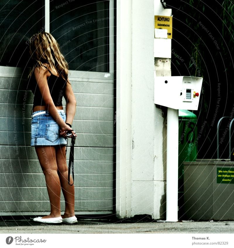 Anna Tanke Petrol station Woman Garage Mini skirt Looking Lady Blonde Observe Young woman Services wash street Gate Hair and hairstyles female human