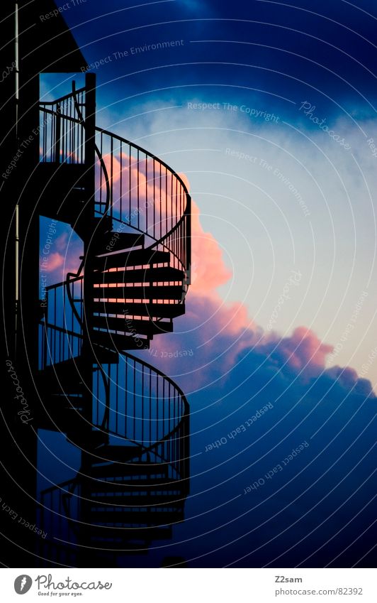 upward Ascending Multicoloured Red Clouds Dark Building Winding staircase Going Modern Above Upward Downward Stairs Sky Blue Handrail architecture Ladder