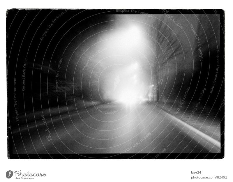 speedway Speed Black Lantern Light Fog Dreary Morning Acceleration Direct Pavement Road traffic Driving Asphalt Black & white photo transit Gloomy