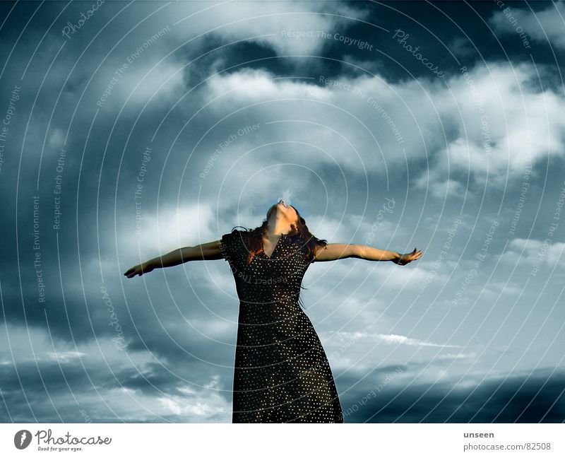 all things Freedom Summer Woman Adults Arm 1 Human being Sky Clouds Dress Breathe Stand Dance Esthetic Happy Infinity Beautiful Feminine Blue Moody Joy