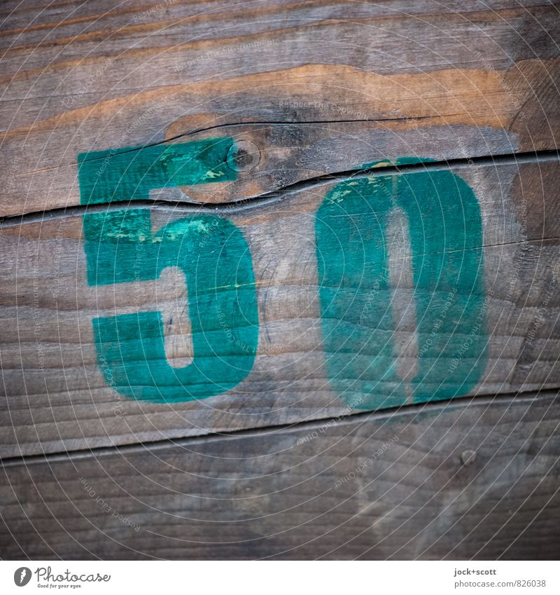 50 on wood Subculture Street art Typography Wood Signs and labeling Simple Brown Creativity Stencil Surface structure Weathered Ravages of time Minimalistic