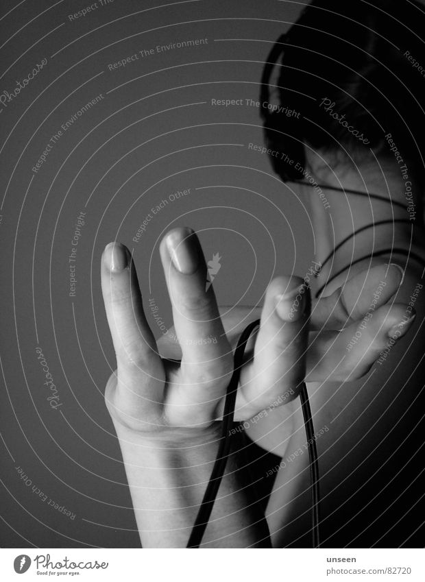 favourite song Music Cable Woman Adults Head Hand Fingers Listening Listen to music Headphones Neck Black & white photo Interior shot Copy Space left