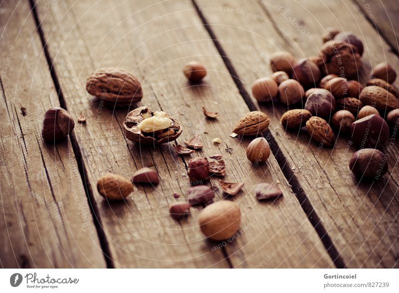 Fresh nuts Food Nutrition Healthy Brown Hazelnut Walnut Almond Wooden table Food photograph Christmas & Advent Colour photo Subdued colour Interior shot