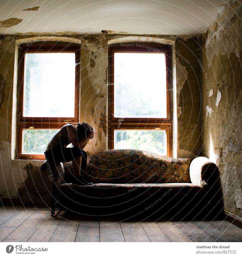 MELANCE Human being Masculine Young man Youth (Young adults) Deserted Ruin Building Architecture Window Sit Emotions Moody Humble Sadness Pain Exhaustion