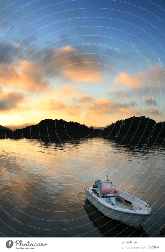 boat Lake South Norway Watercraft Sunset Dusk Reflection Clouds Evening Twilight Environment Wilderness Fishing boat Skerry Landscape Mountain Nature Sky