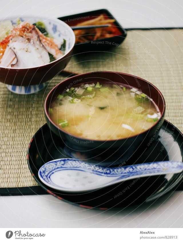 miso soup Food Fish Seafood Vegetable Lettuce Salad Soup Stew Soya sauce crab meat Japan Nutrition Dinner Sushi Asian Food Appetizer Gastronomy Deserted