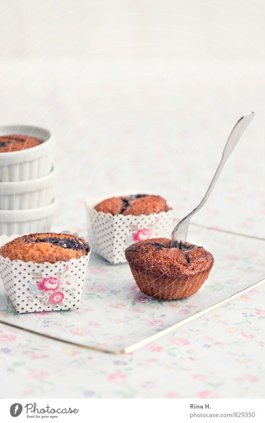 Cherry Poppy Dough Baked goods Plate Fork Bright Delicious Sweet Pink White food Muffin Baking tin Flowery pattern Colour photo Exterior shot Deserted