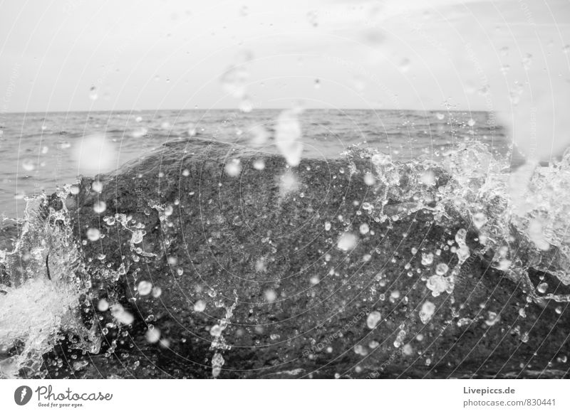 slightly damp Environment Nature Landscape Water Drops of water Sky Clouds Summer Waves Coast Beach Baltic Sea Stone Fluid Fresh Natural Wild Gray Black White