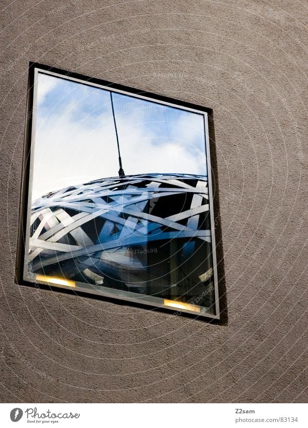 on the air Radio technology Antenna Steel Round Window Reflection Wall (building) Clouds Geometry Graphic Abstract Art Mirror Window pane Light Munich Modern