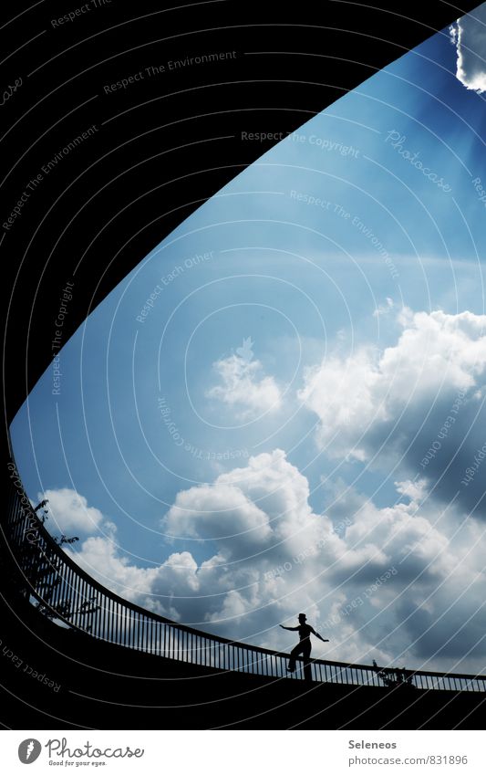 tightrope walk 1 Human being Sky Clouds Sun Free Fear of heights Brave Banister Bridge railing Colour photo Exterior shot Day Light Contrast