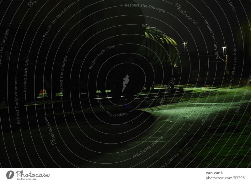 silent freight Railroad Railroad tracks Dark Light Asphalt Steel Concrete Cold Goods Weight Shut down Industry goods wagon train yard Shadow db Loneliness Calm