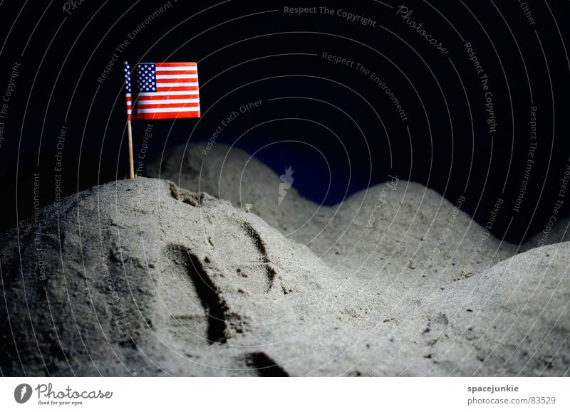 On the moon Lunar landscape Americas Flag Moon landing Hill Volcanic crater Dark Footprint Astronaut USA Pile up Joy Universe American flag Tracks height