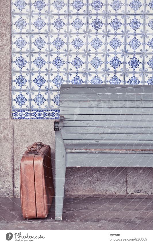travel Wall (barrier) Wall (building) Facade Vacation & Travel Bench Suitcase Leather case Wait Depart Train station Old fashioned Retro Portugal Colour photo