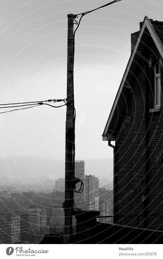 Cloud Connected Electricity pylon Converse High-rise Comfortless House (Residential Structure) Town Winter Fog Damp Black White Gloomy Loneliness Wet Grief