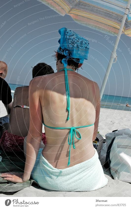 parasol Lake Headscarf Bikini Woman Ocean Beach Turquoise Rügen Vacation & Travel Familiar Physics Calm Rustling Horizon Young woman Sunshade Sunbathing Shadow