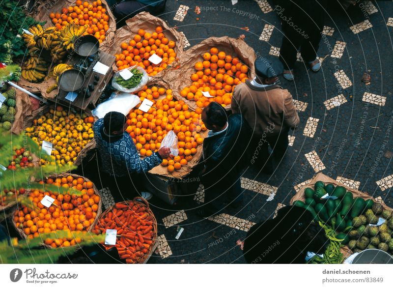 market Banana Spain Italy Portugal Merchant Orange Lemon Vitamin Multicoloured Man Scale Vegetable market Farmer's market Mediterranean sea Nutrition Yellow