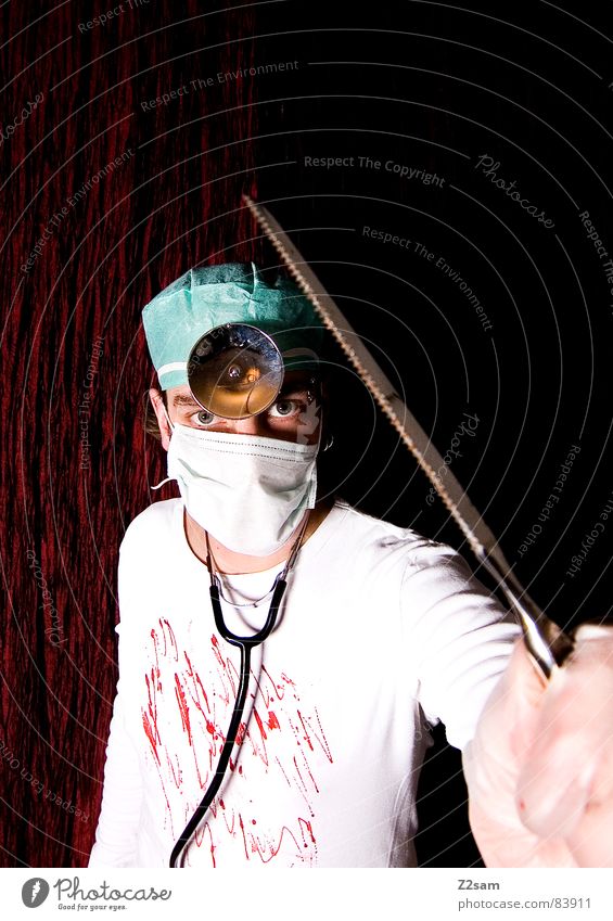 doctor "kuddl" crazy II Saw Doctor Surgeon Surgery Hospital Operation Lamp Mask Forehead Crazy Go crazy Stand Portrait photograph man gloves look eyes sick
