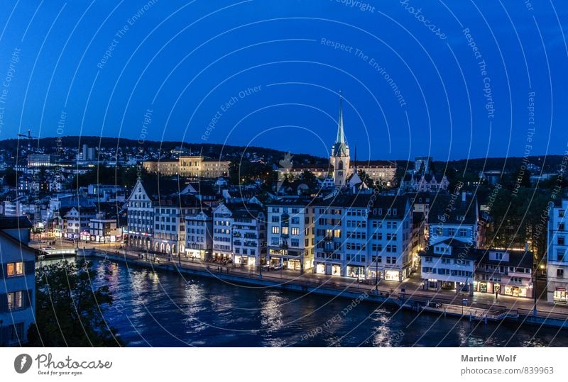 blue Zurich River Switzerland Europe Town Downtown Old town House (Residential Structure) Church Vacation & Travel Twilight Reflection Colour photo