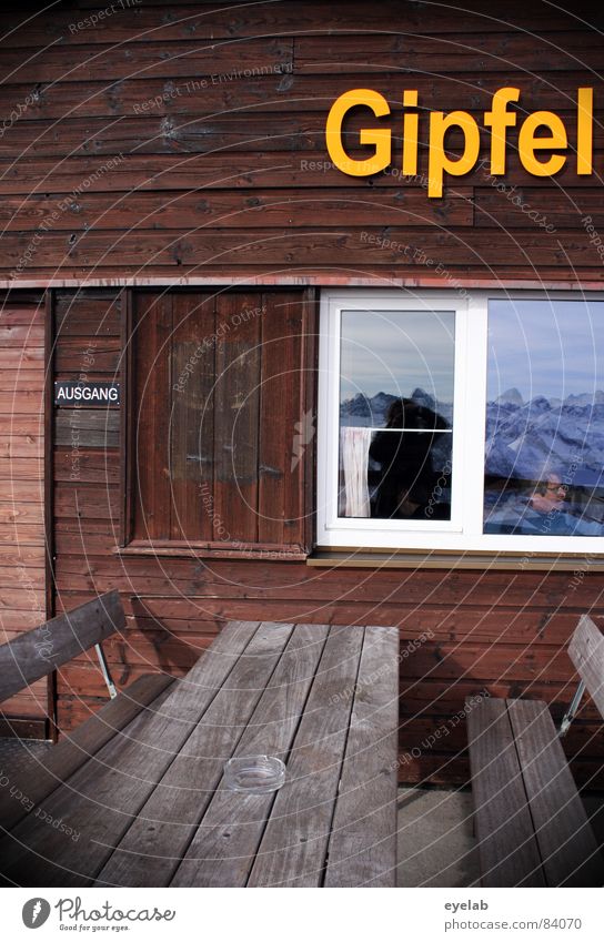 Title see photo (150) Restaurant Wood Brown Bench Table Yellow Window Way out Entrance Mountain restaurant Allgäu Nebelhorn Reflection Guesthouse Winter