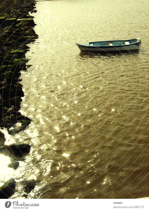 boat, dormant II Lake Dark Ocean Watercraft Wood Small Cyan Turquoise Characteristic Physics Fishing (Angle) Fishing boat Fisherman Drop anchor Calm Infinity