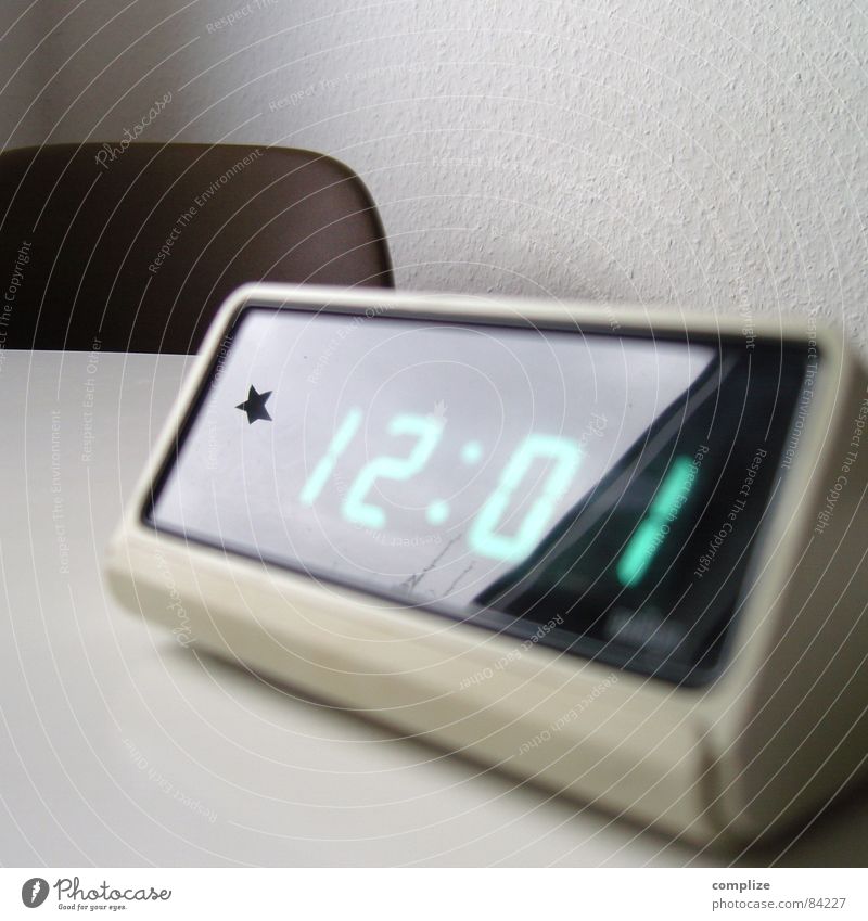 *12:01 LED alarm clock from the 70s Design Clock Digits and numbers Digital clock Alarm clock Seventies Midday Digital photography Display Retro Time Reflection