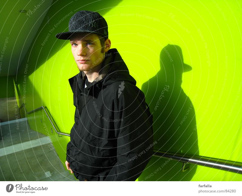 At the Trainstation Masculine Portrait photograph Green Gaudy Dazzle Bilious green Splendid Appearance Fleeting glance Station Human being Train station Stairs