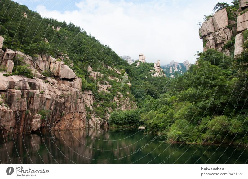 mountain lake Nature Landscape Plant Water Sky Summer Beautiful weather Tree Forest Virgin forest Rock Mountain Lake Fantastic Gigantic Blue Brown Green