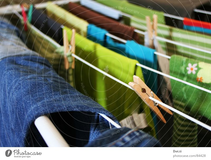 linen compulsion Living or residing Clothing T-shirt Jeans Sweater Tights Clean Dry Blue Multicoloured Green Colour Clothesline Washing day Clothes peg Textiles