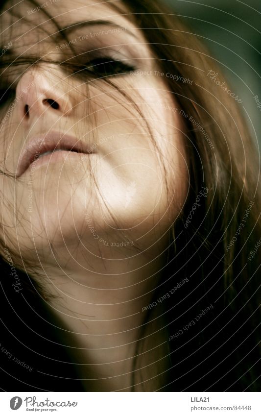 At this second Woman Green Close-up Gale Interior shot Self portrait Release Hair and hairstyles Movement Eyes Mouth Nose Joy Freedom Wind