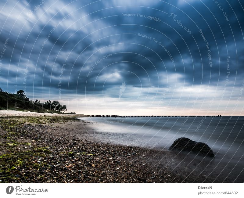 gosh Beach Ocean Landscape Sand Water Sky Clouds Storm clouds Horizon Coast Baltic Sea Stone Blue Brown Black White Kühlungsborn Mecklenburg-Western Pomerania