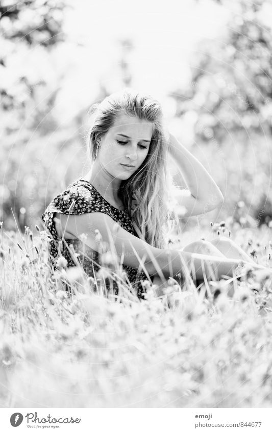 spotted Feminine Young woman Youth (Young adults) 1 Human being 18 - 30 years Adults Environment Nature Summer Beautiful weather Meadow Black & white photo
