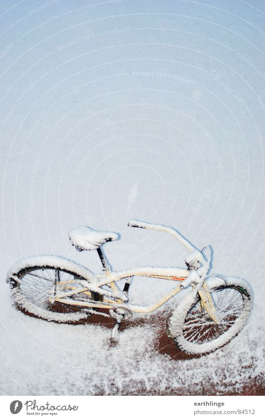 snow cruiser Cruiser Bicycle Virgin snow Beige Red Portrait format Surprise Pure Bright Cold Fresh Untouched Deserted Winter Transience Leisure and hobbies