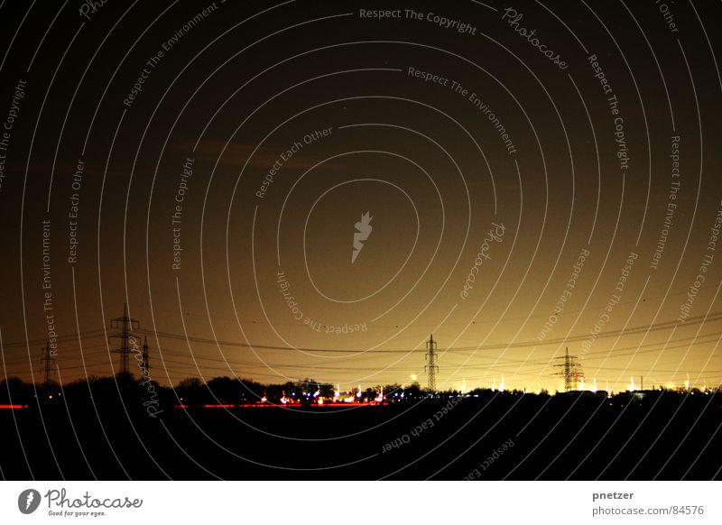 Night shift II Electricity Electricity pylon Dark Black Progress Horizon Red Power consumption Construction site Country road Power failure Road traffic