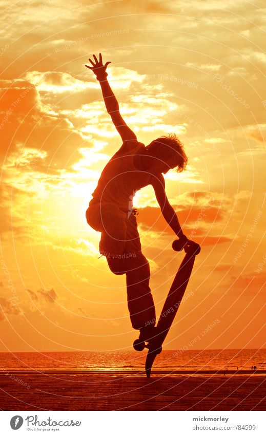 longboard in the sun Yellow Ocean Acrobat France Sunrise Sunset Evening Morning Bathing place Leisure and hobbies Skateboard Skateboarding Orange Freedom move