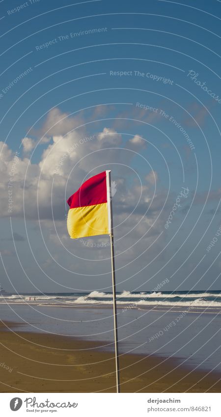 sandy beach, waves, blue sky, clouds and a red yellow flag, / stop, only up to here bathing area Healthy Athletic Swimming & Bathing Leisure and hobbies Summer