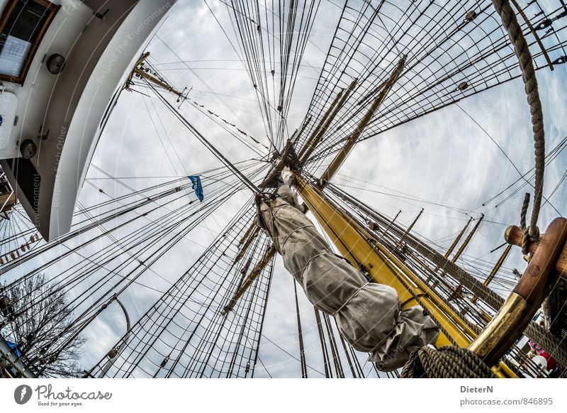 rig Technology Navigation Sailboat Sailing ship Rope On board Blue Yellow White Mast Rigging Sky Clouds Colour photo Exterior shot Deserted Day