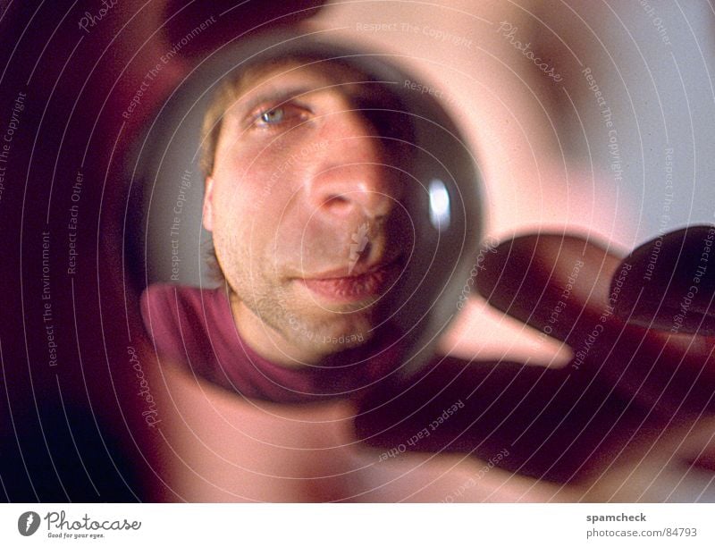 ball head Portrait photograph Glass ball Man Hand Distorted Reflection Face of a man Fisheye Identity Character Alter ego 18 - 30 years Young man