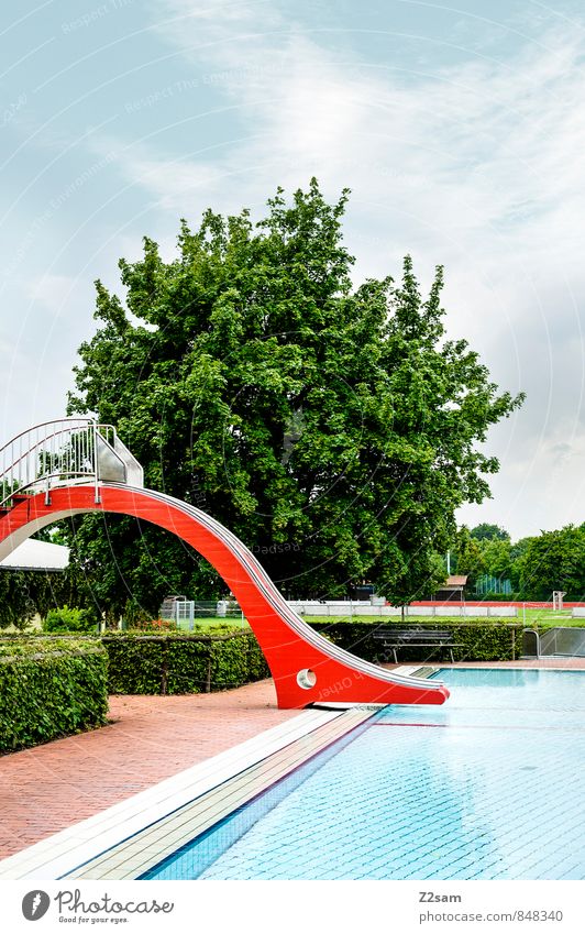 Want to slide? Vacation & Travel Trip Summer Summer vacation Sun Sunbathing Beach Swimming & Bathing Swimming pool Landscape Water Sky Cloudless sky Tree Bushes