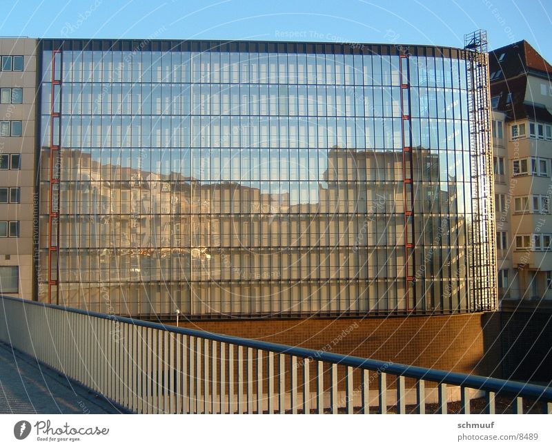 mirroring Mirror High-rise Window Architecture Bridge façade Glass reflection Handrail