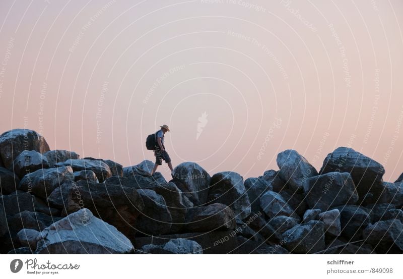 Large pebbles Human being Masculine Young man Youth (Young adults) 1 Landscape Cloudless sky Sunrise Sunset Rock Coast Going Ascending Jump Stone block