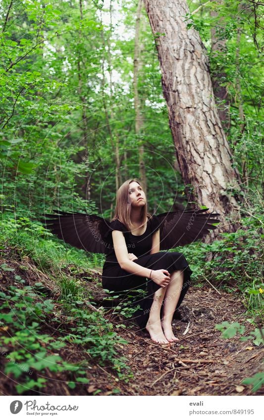 fallen angel Human being Feminine Young woman Youth (Young adults) Woman Adults 1 Forest Wing Angel Feather Sit Dream Wait Green Black Surrealism Colour photo